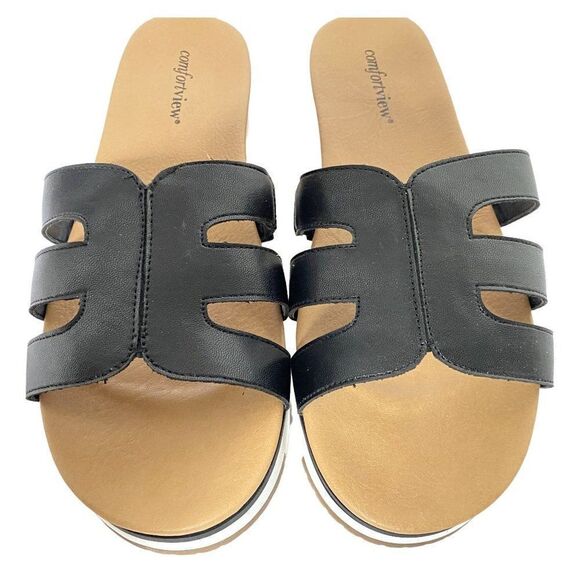 Comfortview Black Gracia Cut-Out Sandals Sz 8.5W Open Toe Slip-On NEW - Picture 2 of 7